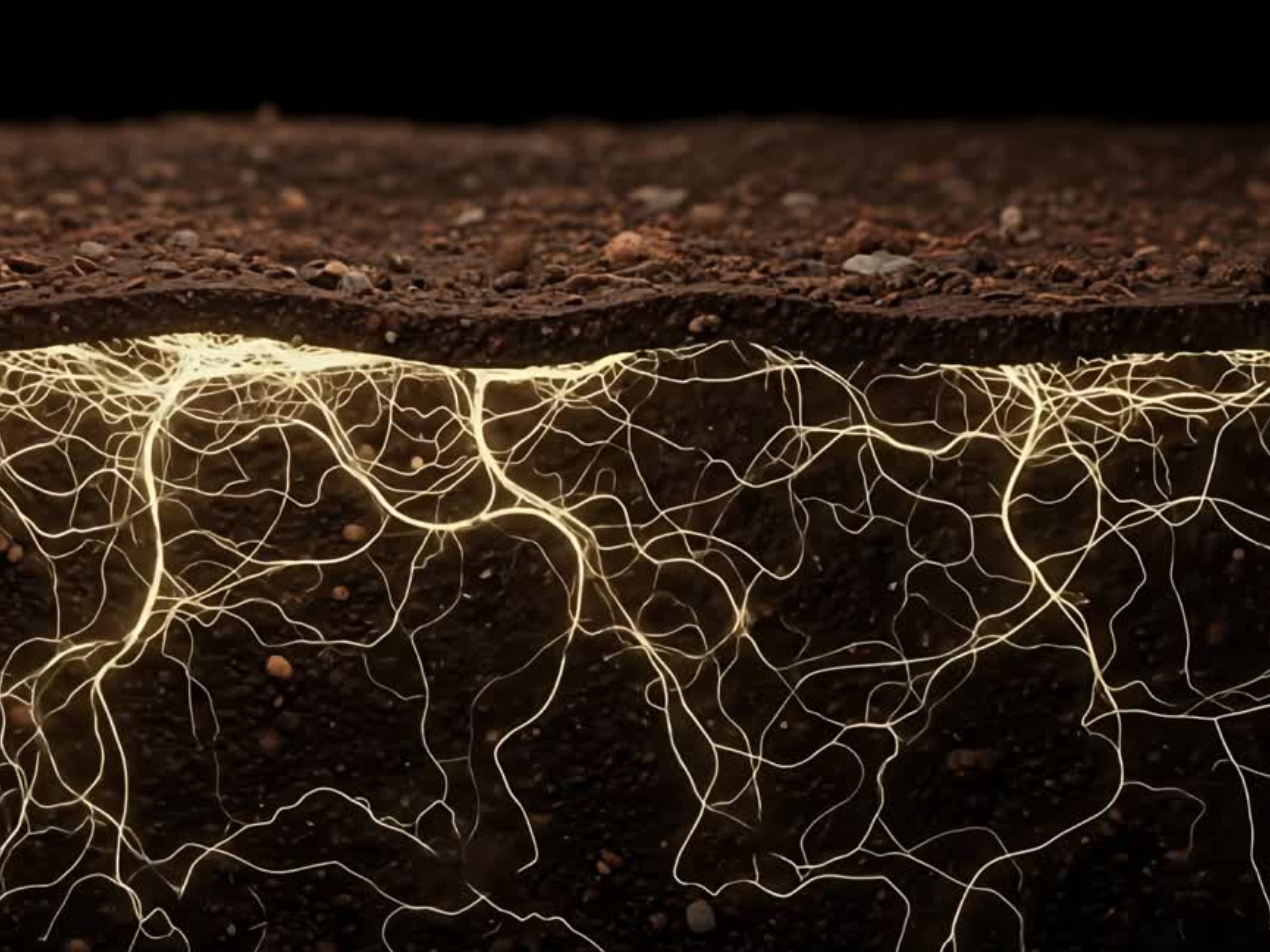 Cross-section of living soil with a glowing network of fungal mycelium
