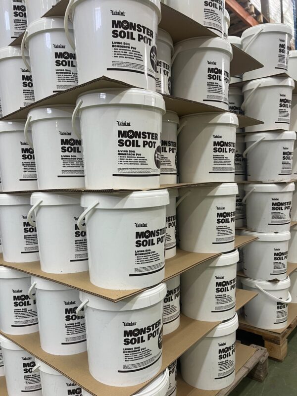 Living soil grow pots: stacks of Monster Soil Pots with ready-to-use living soil